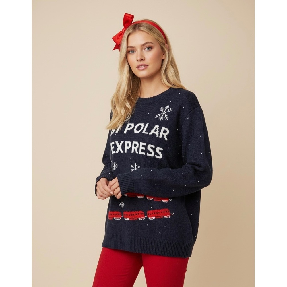 NEW Bi Polar Express Christmas Sweater‎ Size Medium Navy Blue Holiday Funny